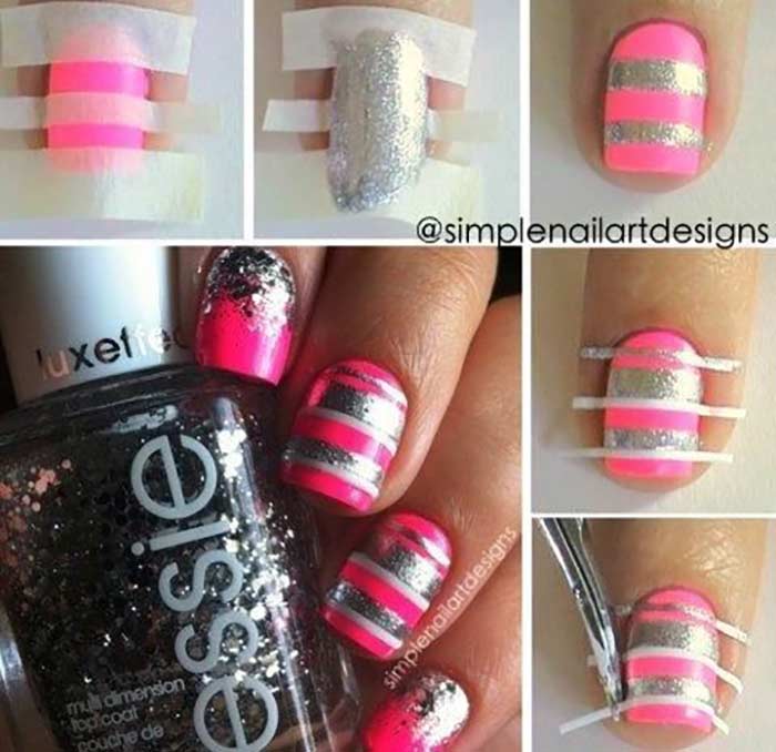 Pink and Silver Stripes Nail Art Tutorial For Short Nails
