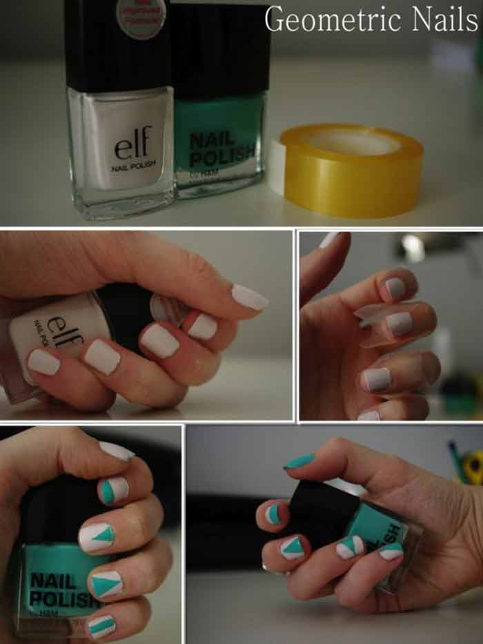 White and Green Geometric Nails - Short Nail Designs
