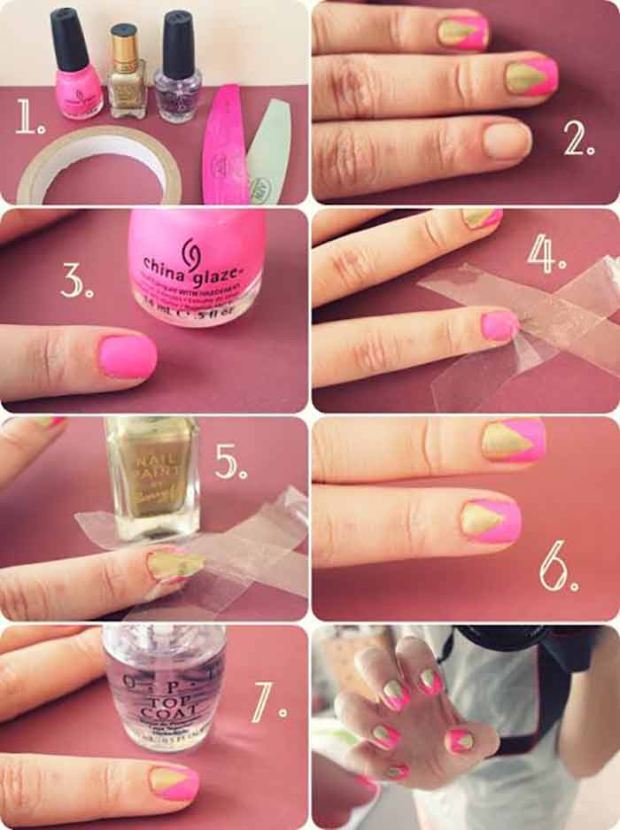 Gold and Pink Triangle Nail Design For Short Nails