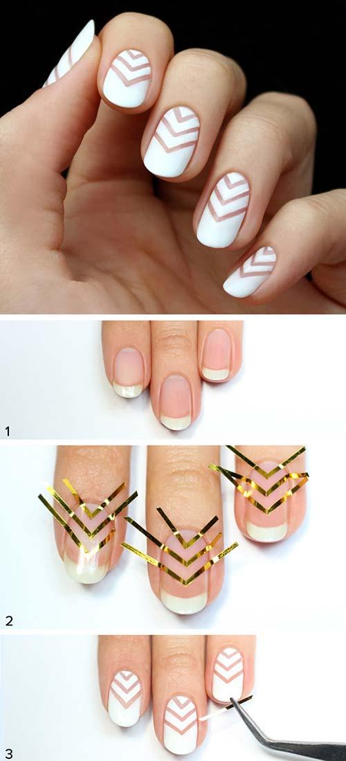 14. White Minimal Chevron Nail Art