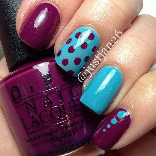 39. Blue and Purple Polka Dot Nails