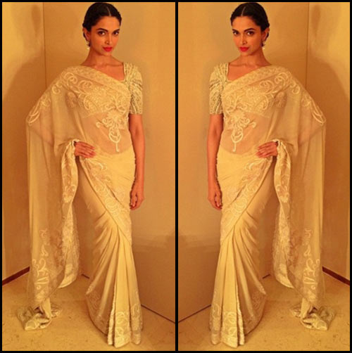 Bollywood Heroine Deepika Padukone In White Embroidered Saree