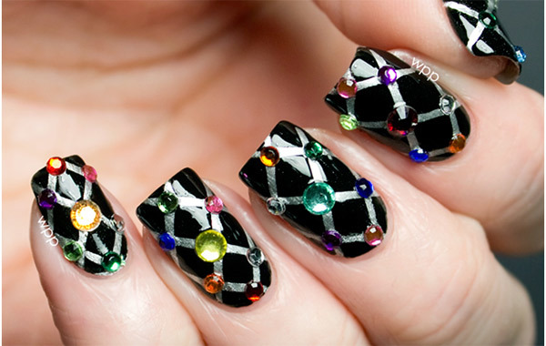Quilted Nail Design With Rhinestones