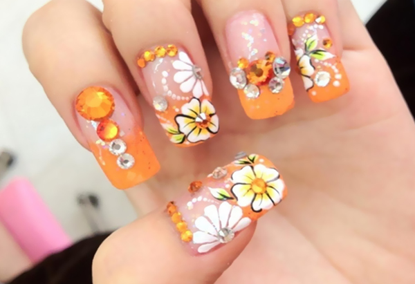 Spring Flower Nail Art With Rhinestones