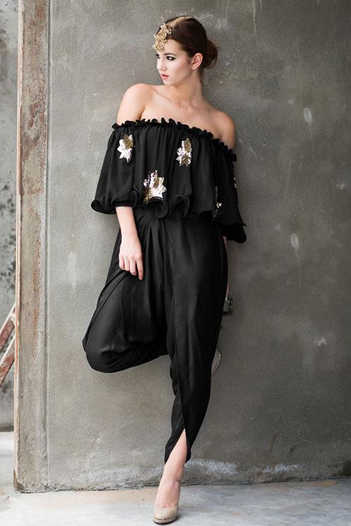 Black Off Shoulder Salwar With Dhoti Style Pants