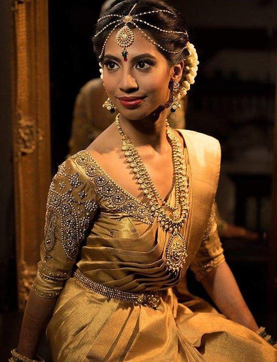 Silk Saree Blouse Designs - Dull Gold Zari Saree And Stone Embellished Blouse 36. Dull Gold Zari Saree And Stone Embellished Blouse