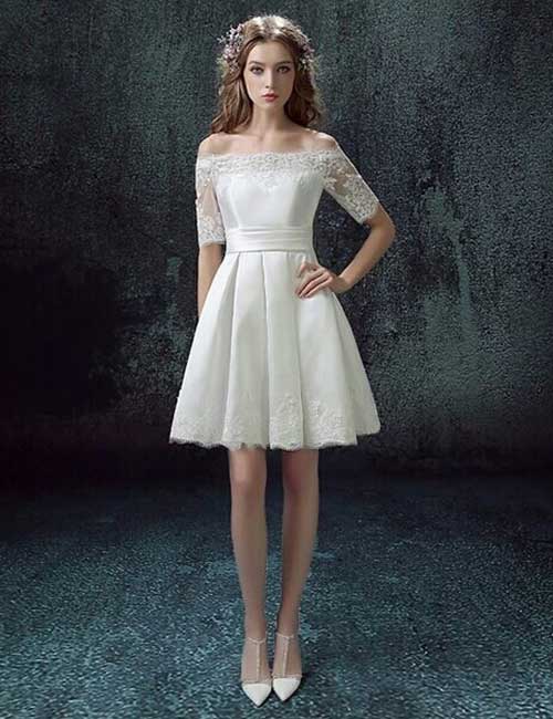 16. Off-Shoulder Short Wedding Dress With Lace Sleeves