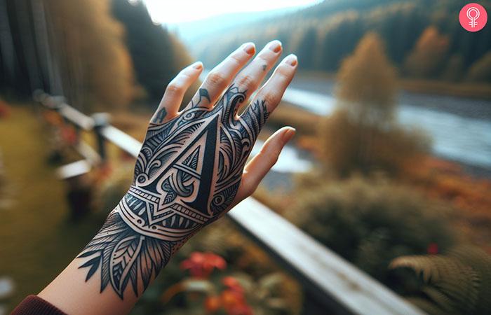 A letter tattoo design on a woman’s hand