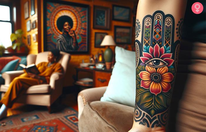Traditional hamsa tattoo on the arm