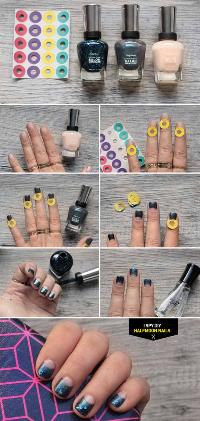 Half moon glitter short nail design tutorial