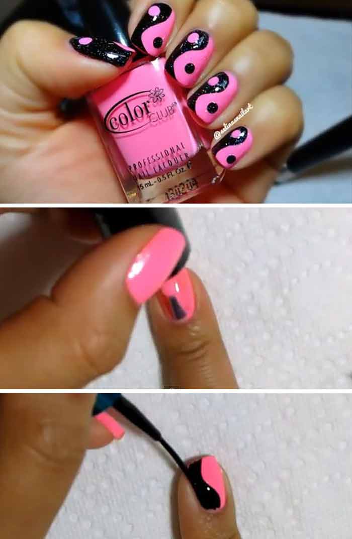 Pink yin and yang short nail design tutorial