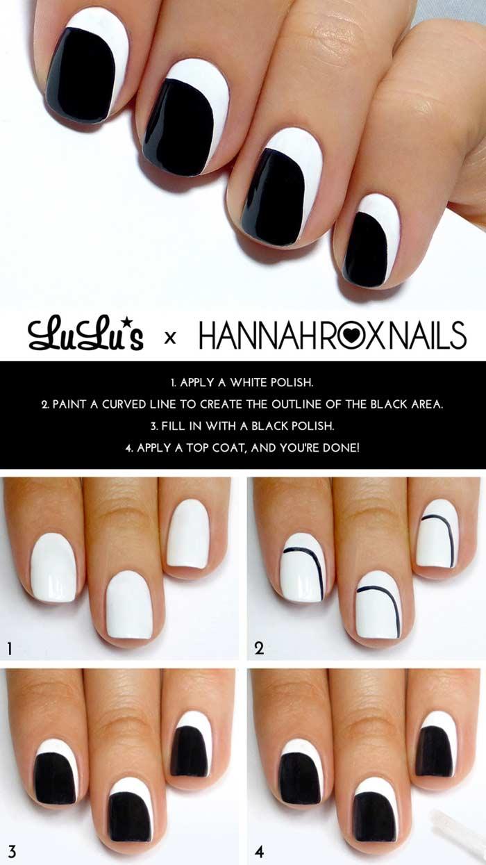 Monochrome peek-a-boo short nail design tutorial