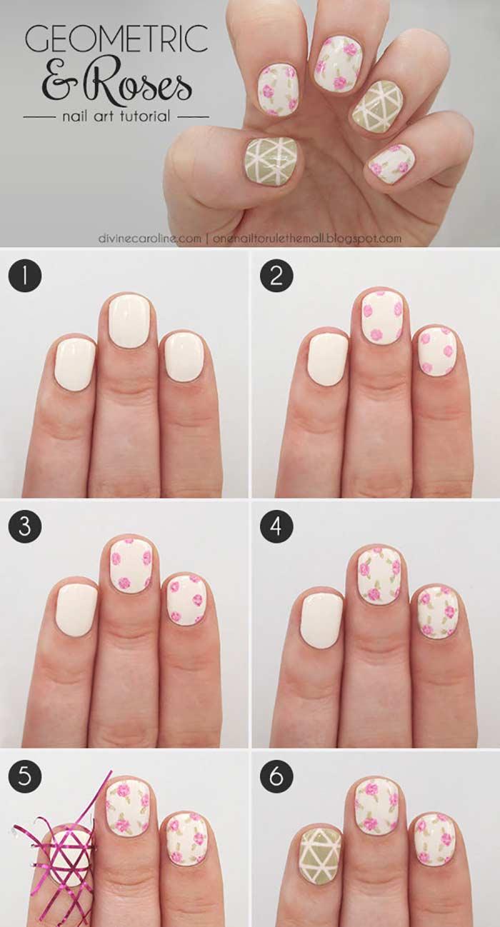 Geometric and roses short nail design tutorial