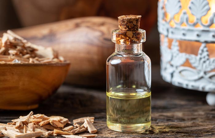 A bottle of cedarwood essential oil for hair