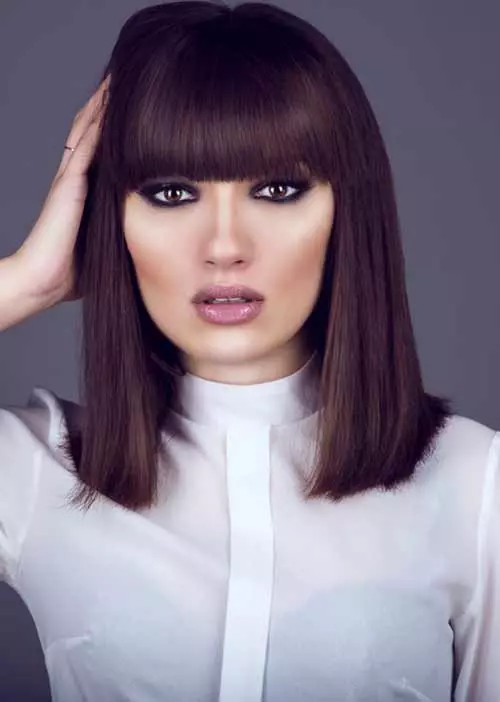 Thick blunt bangs with blunt lob hairstyle