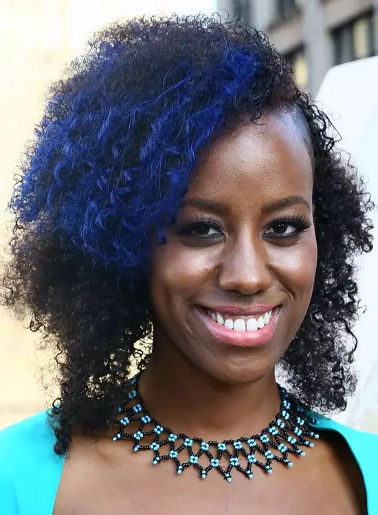 Asymmetric curls with deep blue highlights for styling frizzy hair