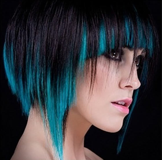 Black and turquoise ombre round bob hairstyle for a square face
