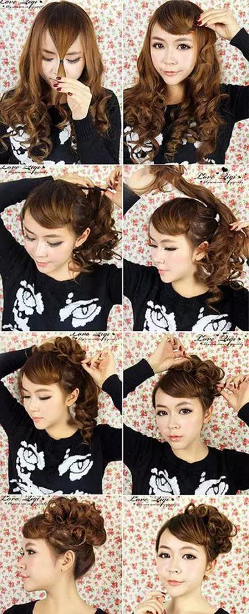 Faux side swept bangs curly bun for big foreheads
