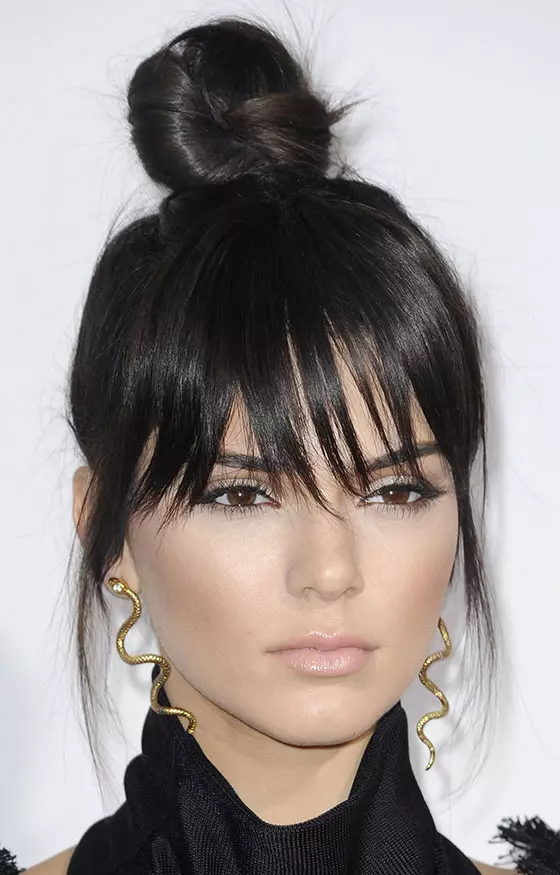 Ultra sharp bangs top knot for big foreheads