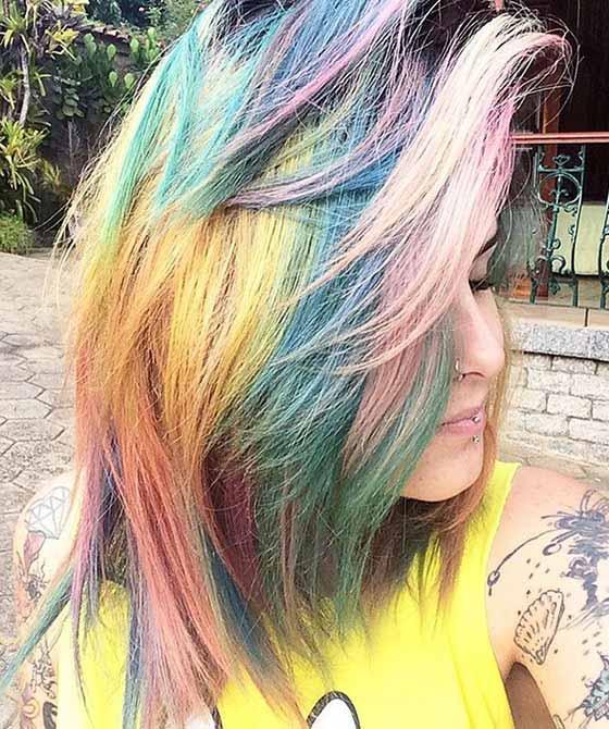 Dense rainbow bangs layered hairstyle