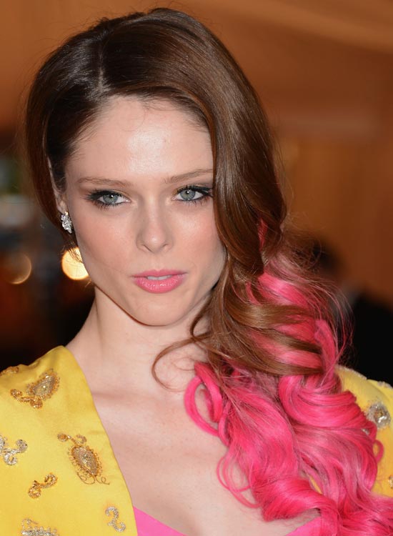 Golden brown hair color with pink lower curly
