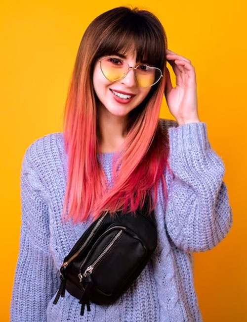Layered hairstyle with colored bangs