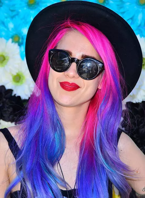 Long layered waves with blend of pink and blue