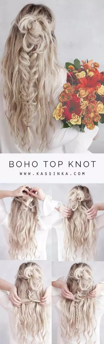 Boho top knot braided hairstyle for long hair