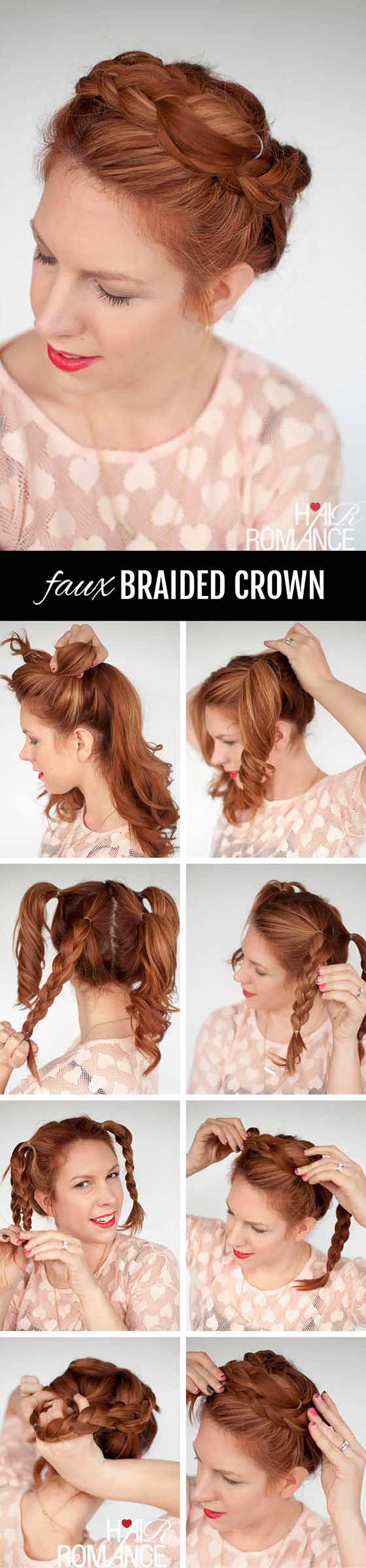 Faux braided crown hairstyle for long hair