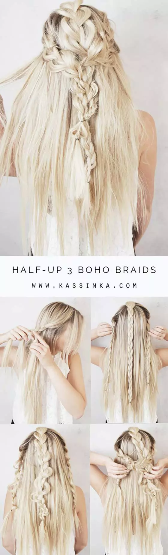 Half-up 3 boho braids for long hair