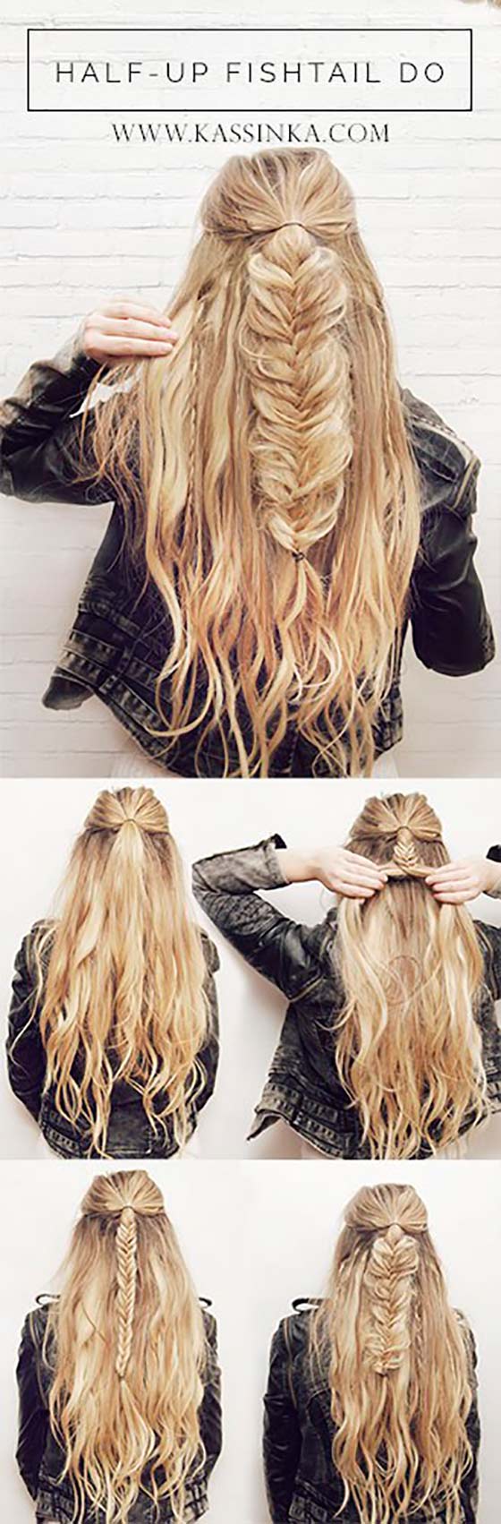 Half-up fishtail braid hairstyle for long hair