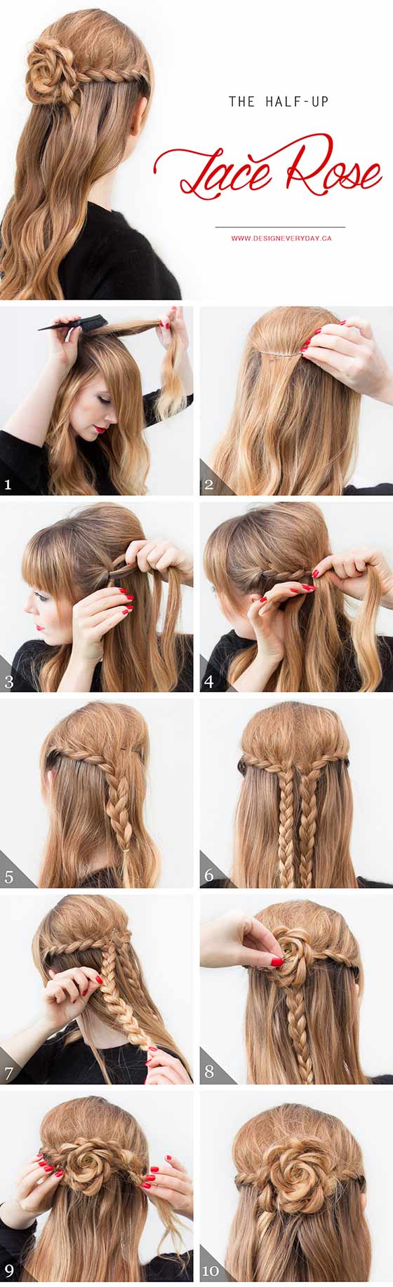 Half-up lace rose braided hairstyle for long hair