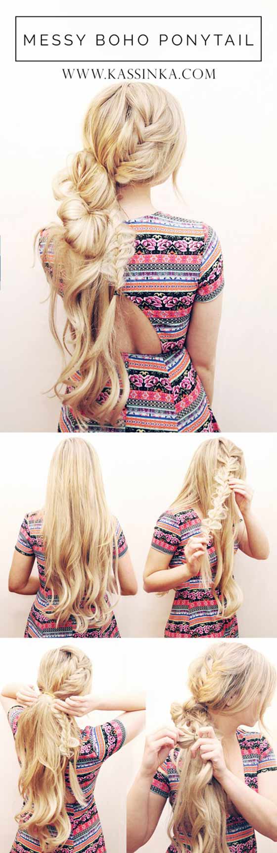 Messy loose boho ponytail hair braided hairstyle for long hair