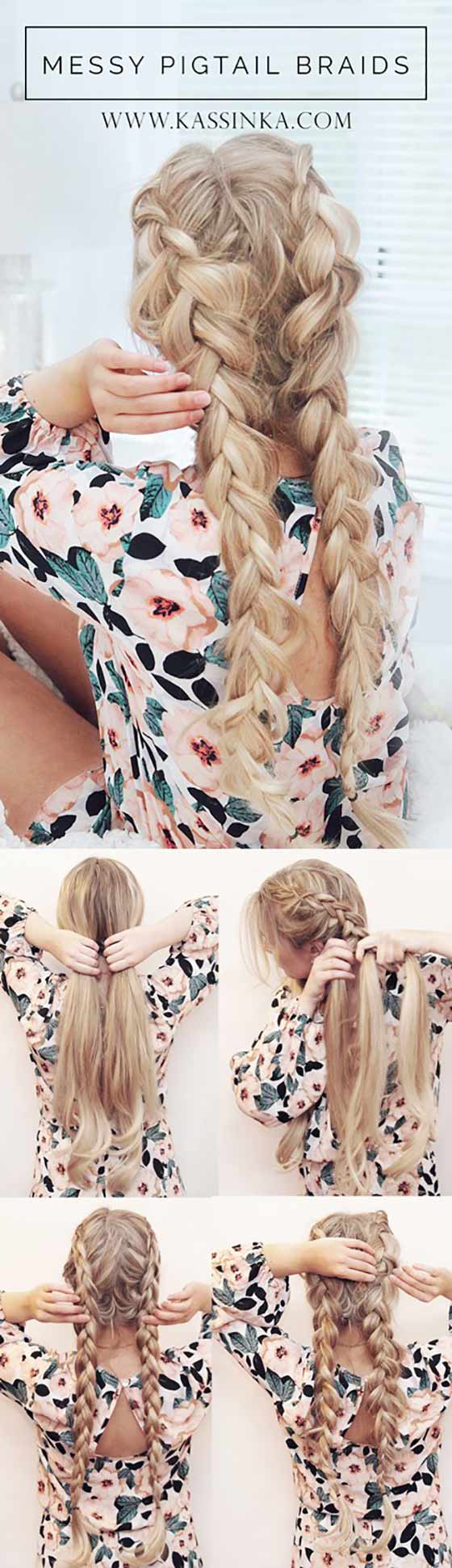 Messy pigtail braided hairstyle for long hair