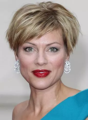 Stacked wispy bob with highlights and layered side sweep hairstyle