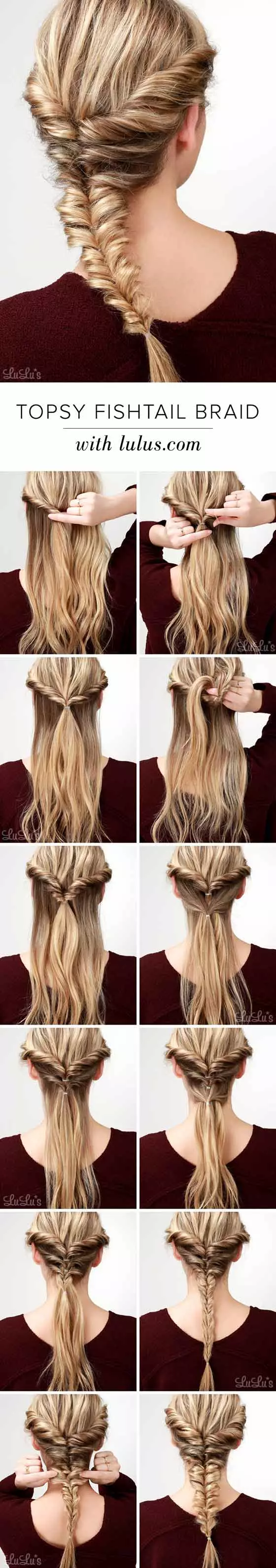 Topsy fishtail braided hairstyle for long hair