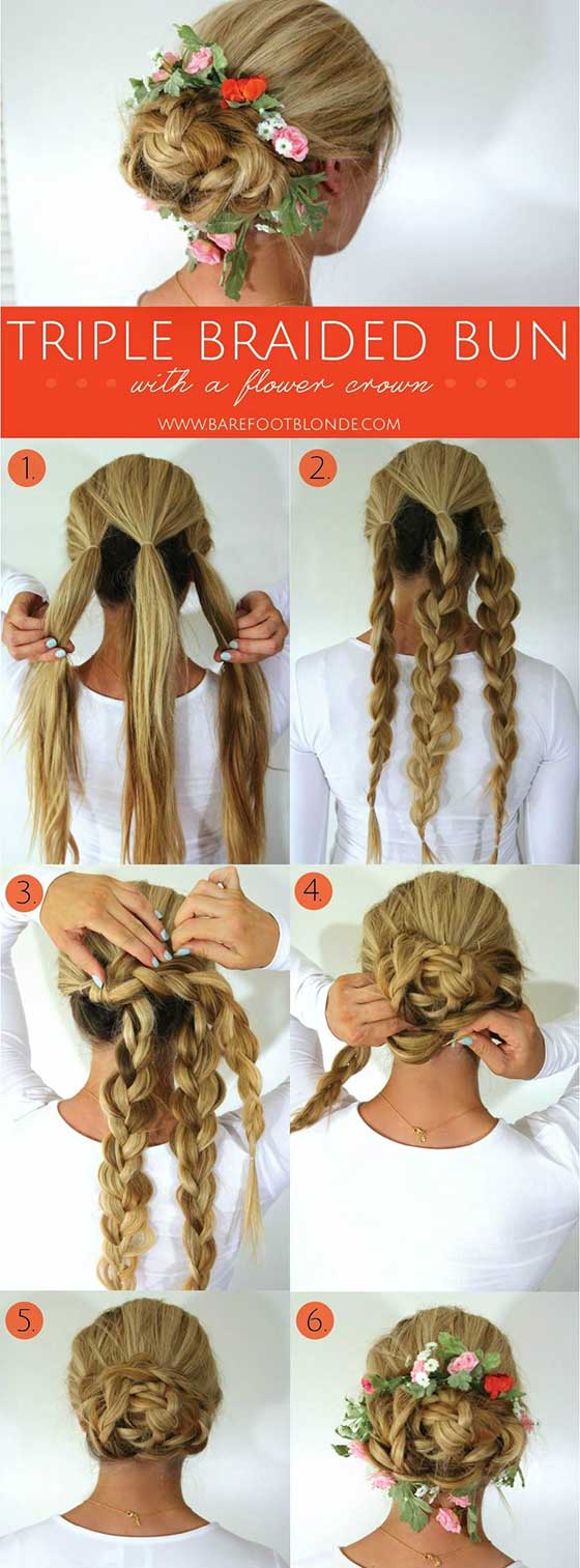 Triple braided bun with a flower crown braided hairstyle for long hair