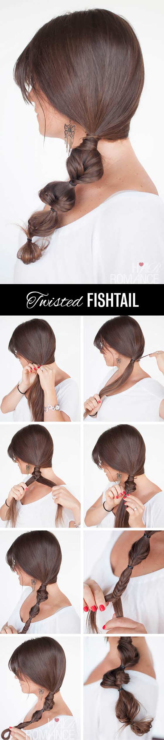 Twisted fishtail side braid for long hair