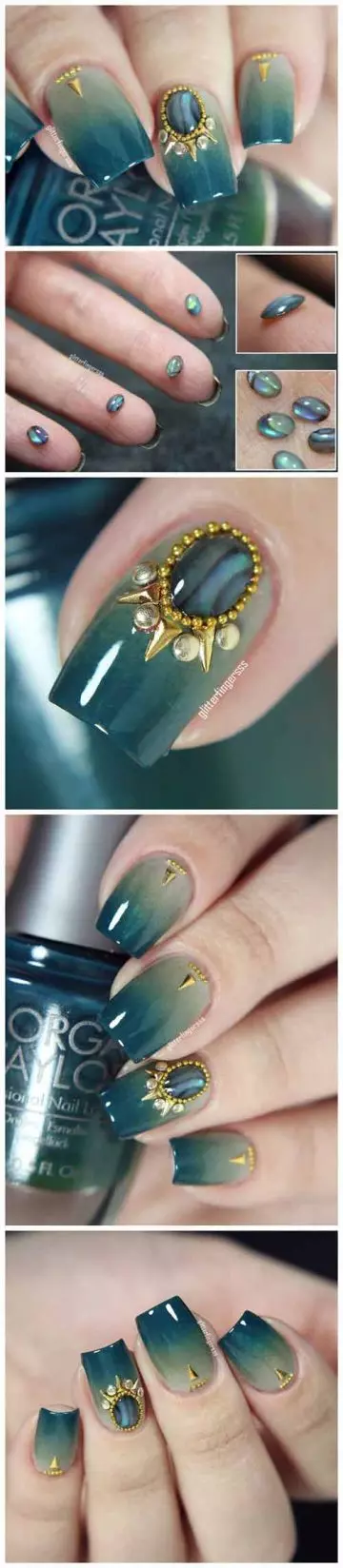 Emerald toned 3D nail art design