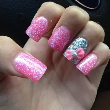 Pink and silver glitter bow 3D nail art design