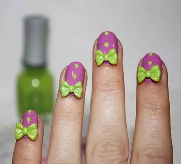 Purple and green bow tie 3D nail art design
