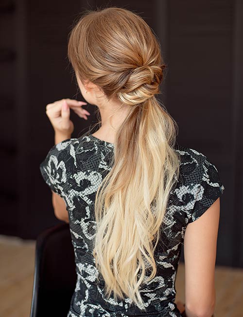 Flipped low ponytail hairstyle for long hair