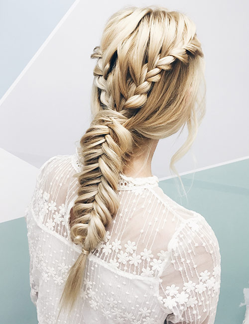 Waterfall crown braid hairstyle for long hair