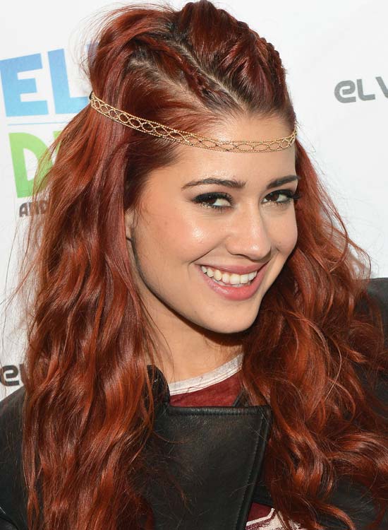 Triple braided light auburn waves with layers punk wavy hairstyle