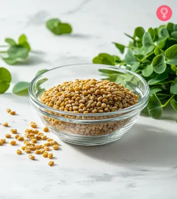 Fenugreek seed in a bowl and fenugreek leaves