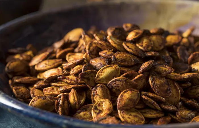 Spicy roasted pumpkin seeds mixed with cayenne pepper 