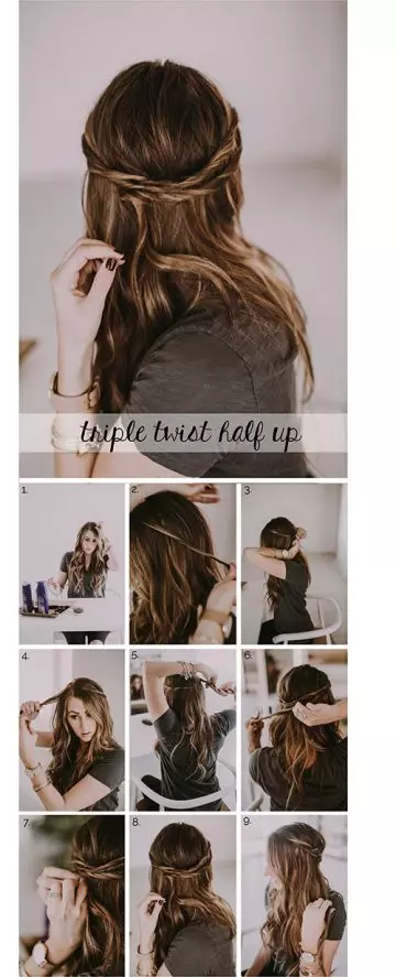 Triple twist half up hairstyle tutorial for girls with long hair