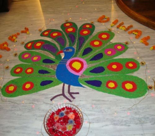 Simple rangoli design of peacock for Diwali