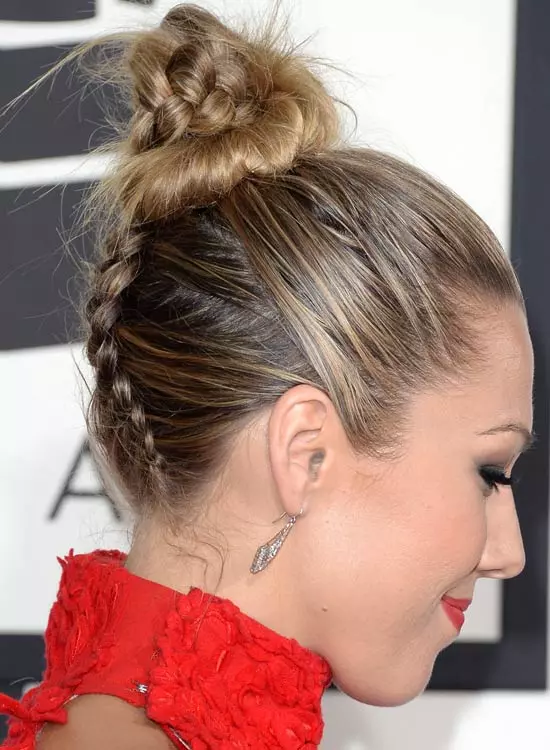 French braided top knotted bun hairstyle for long hair