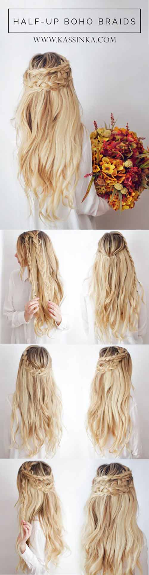Steps to tie your hair in half up boho braids